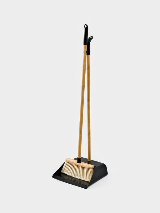 Щётка с совком Meli, бамбуковый держатель, 26×24×98 см, чёрная