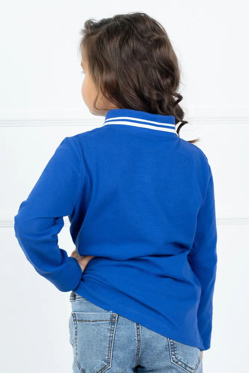 Футболка детская Поло, длин. рукав, цвет Васильковый, пике карде, 100% х/б - 5+ фото 2