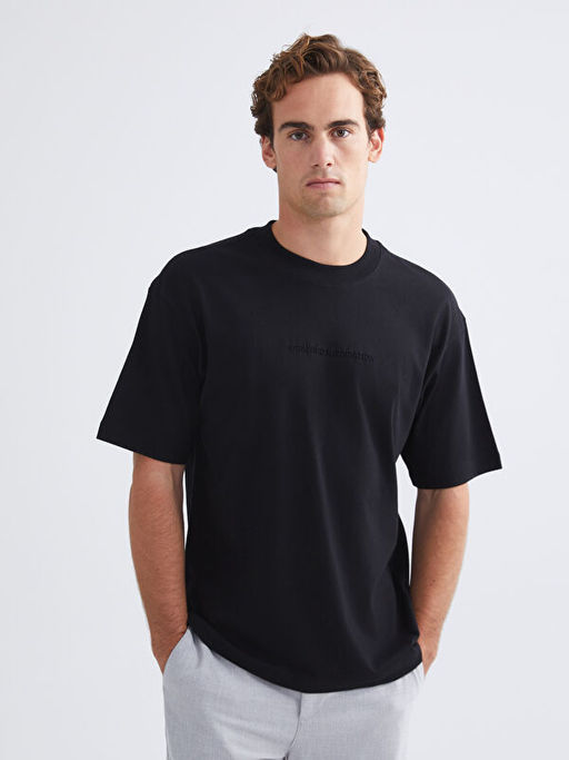 Bisiklet Yaka Bask?l? Penye Erkek Ti??rt