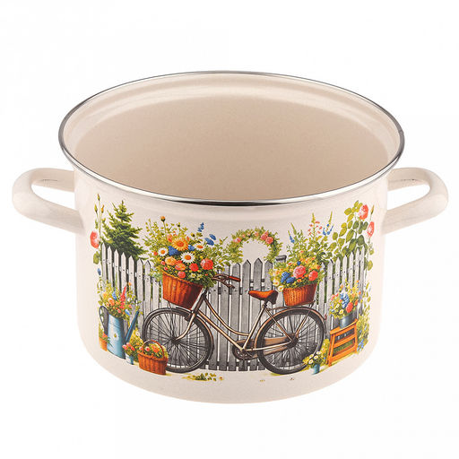 "Романтика" Кастрюля эмалированная 4,5л, форма цилиндрическая, металлическая крышка с пластмассовой ручкой-кнопкой, нержавеющий ободок (Россия)