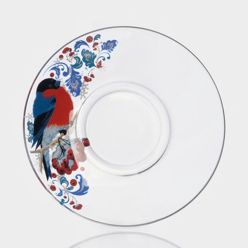 Чайная пара новогодняя Снегири на рябине, 200 мл, блюдце d=13 см, стекло, прозрачная