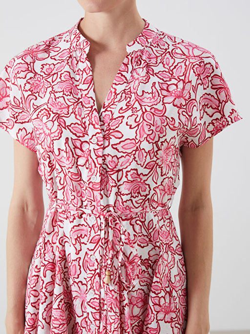 Ka??k Yaka ?i?ekli Pileli Elbise