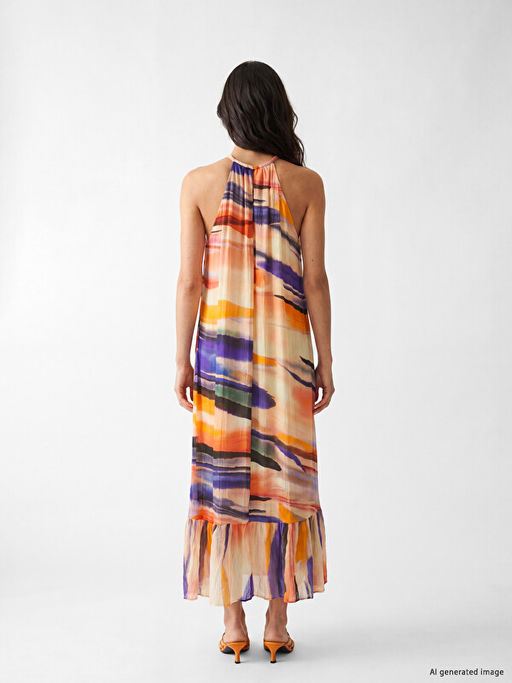 Halter Yaka Desenli F?rf?rl? Elbise