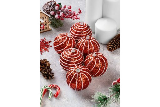 Набор 6 новогодних шаров 8*8 см Полоски красный - Elan gallery фото 12