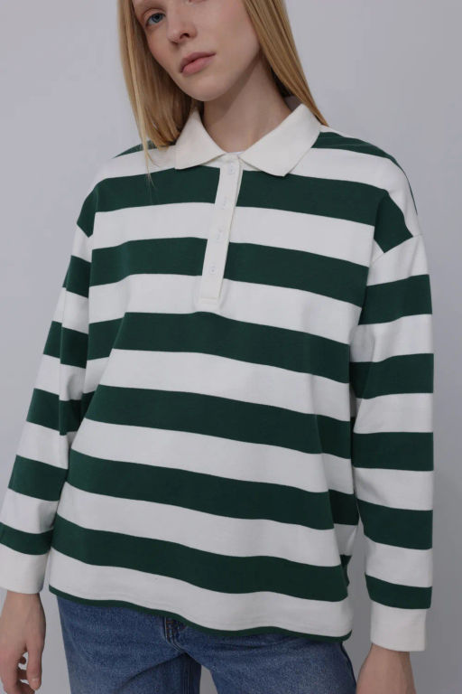 Блузка-поло в широкую горизонтальную бело-зеленую полоску - Incity фото 5