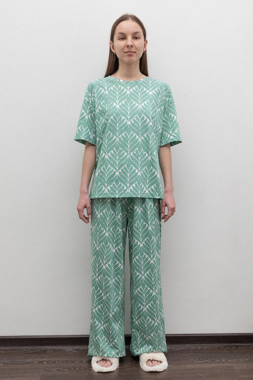 ЕП 20204/малахитовый зеленый,орнамент пижама жен (фуфайка,брюки)