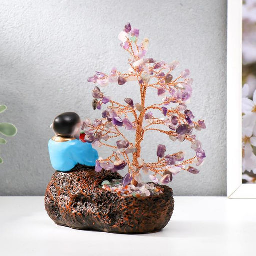 Бонсай декоративный 147 камней «Хотей с яблоком у дерева с аметистами», 18×13×6 см