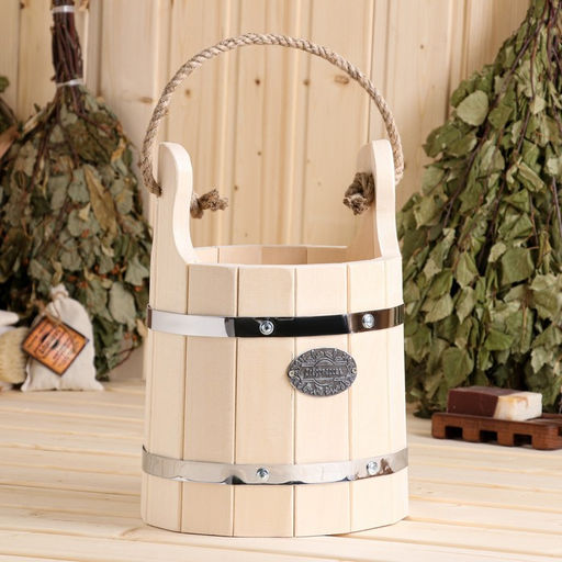 Ведро - запарник для бани и сауны «Емеля», 5 л, липа, нержавеющий обруч, ручка - верёвка, «Добропаровъ»