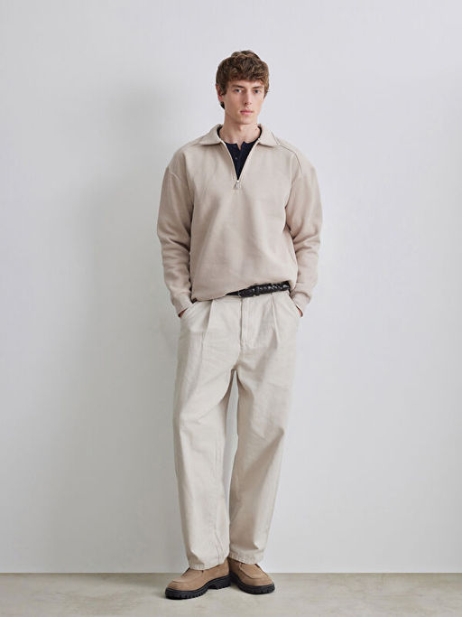 Fermuarl? Polo Yaka Erkek Dokulu Sweatshirt