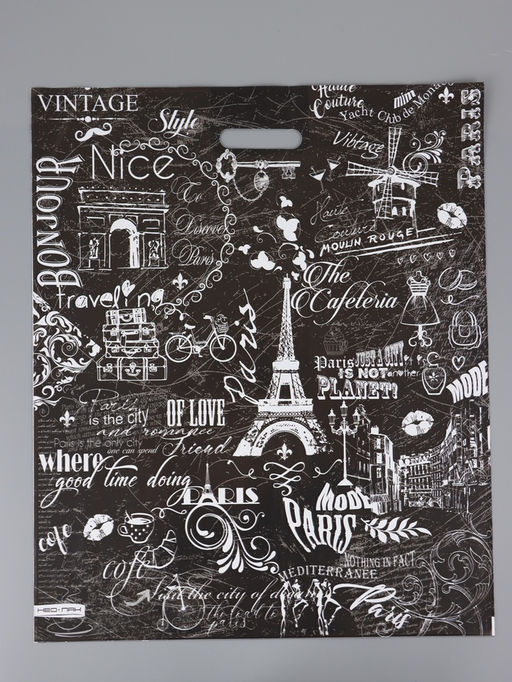 Цена за 25 шт. Пакет "Париж, полиэтиленовый с вырубной ручкой 50х60 см, 100 мкм