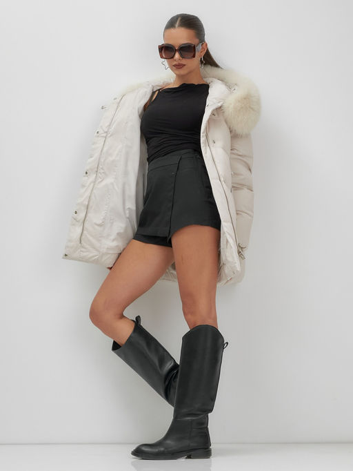 Куртка зимняя женская с мехом и капюшоном тренд бежевого цвета 7737B - Visdeer фото 12