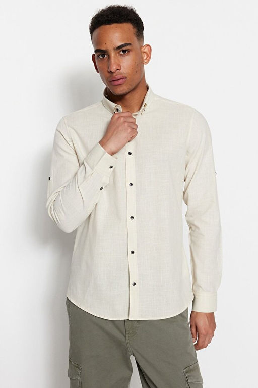 Ta_ D__meli Yaka Apoletli Slim Fit Uzun Kollu %100 Pamuklu Keten G_r_n_ml_ G_mlek TMNSS20GO0189 - Trendyolmilla фото 2