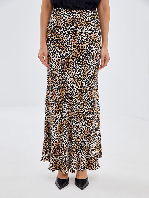 Standart Fit Leopar Desenli Saten Kad?n Etek