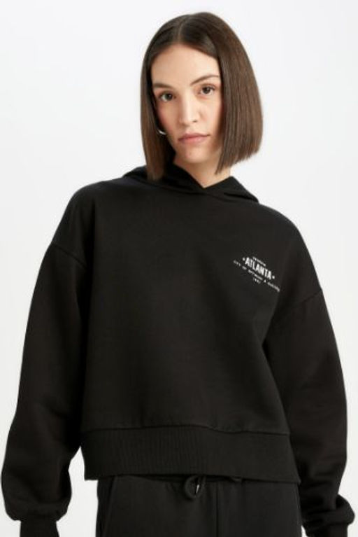 Boxy Fit Kapusonlu Bask?l? Kal?n Siyah Sweatshirt