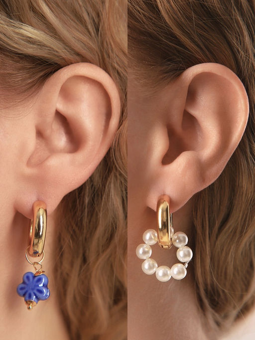 Серьги со съёмным элементом Трансформер цветок, цвет бело-синий в золоте