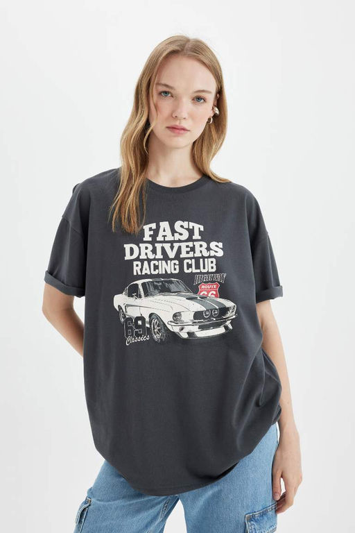 Широкая футболка с короткими рукавами и круглым вырезом оверсайз с принтом - Defacto фото 4