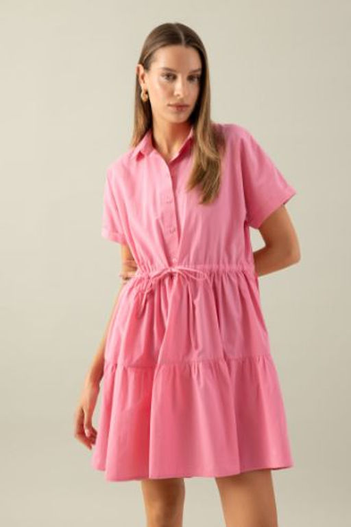 Gomlek Yaka Beli Buzgulu Poplin K?sa Kollu Mini Pembe Elbise