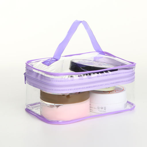 Косметичка-сундучок на молнии, маленькая, с ручкой, прозрачная, сиреневая - Simaland фото 3