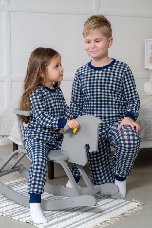 Пижама подростковая из кулирки пенье на манжетах Дрёма клетка синяя - Амадэль фото 39