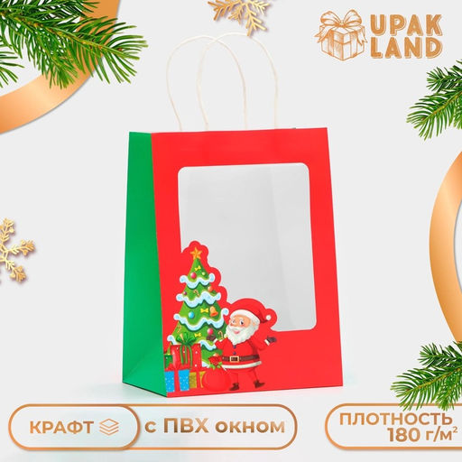 Цена за 2 шт. Пакет подарочный с окном «Дед мороз» 19×26×13 см, Красный