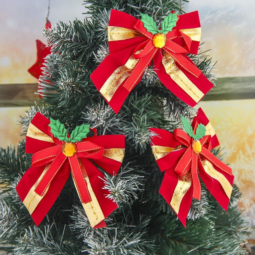 Цена за 2 шт. Ёлочные игрушки 3 шт. Зимнее волшебство. Бант с остролистом, бантики, 10.510 см, золотисто-красный