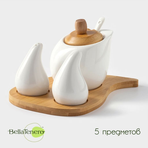 Набор для специй на бамбуковой подставке BellaTenero Капельки, 3 предмета: солонка 60 мл, перечница 60 мл, сахарница с ложкой 330 мл, фарфор, белый