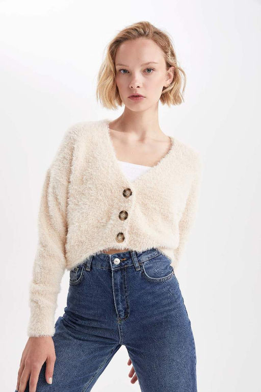 Кардиган стандартного кроя с V-образным вырезом - Defacto фото 6