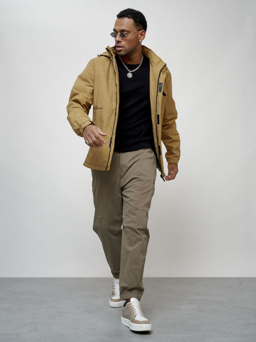 Куртка спортивная мужская весенняя с капюшоном бежевого цвета 88021B