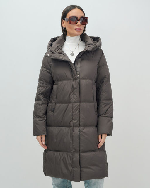 Пальто зимнее утепленное с капюшоном женское темно-коричневого цвета 7618TK - Visdeer фото 12