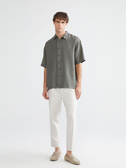 Regular Fit K?sa Kollu %100 Keten Erkek G?mlek