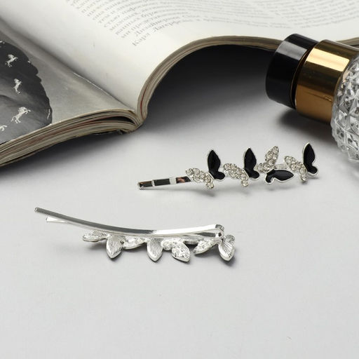 Цена за 2 шт. Невидимки для волос «Аннабелль», набор 2 шт., бабочка чёрный, 6.5 см, серебро