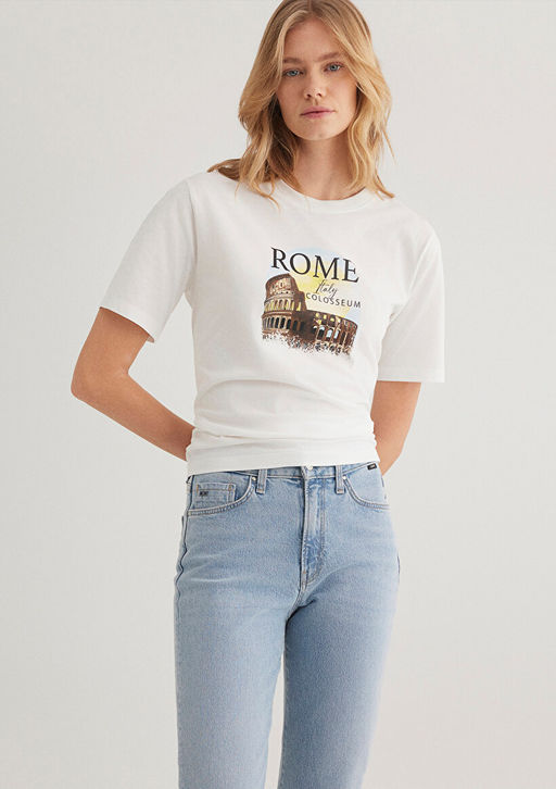 Rome Bask?l? Beyaz Tisort - Mavi фото 3