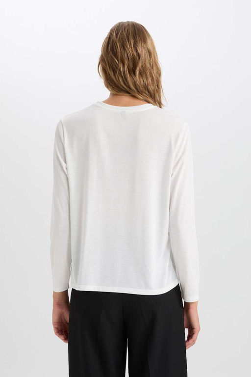 Женская обычная посадка с круглым вырезом, базовая простая повседневная футболка с длинными рукавами - Defacto фото 6