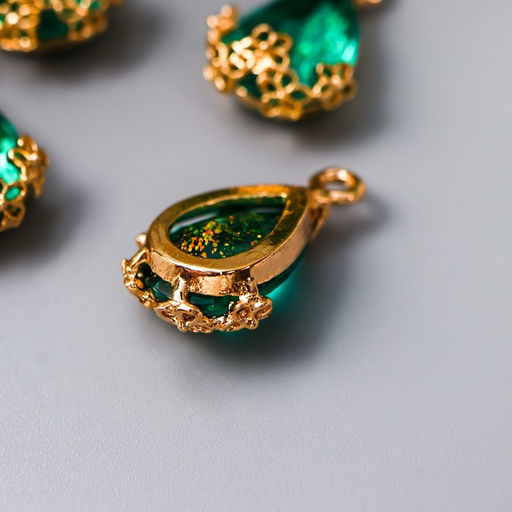 Цена за 4 шт. Декор для творчества пластик Капля с золотыми цветочками, морская волна кристалл, 2?1.2 см