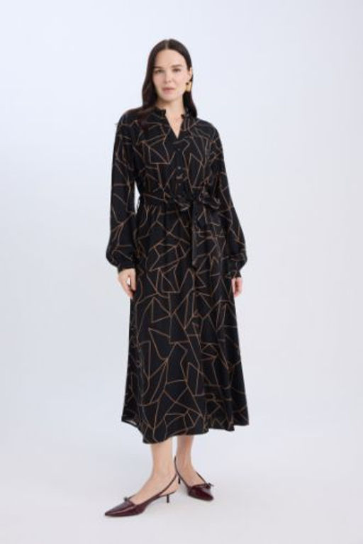 A Kesim Fiyonk Yaka Desenli Belmando Uzun Kollu Maxi Elbise