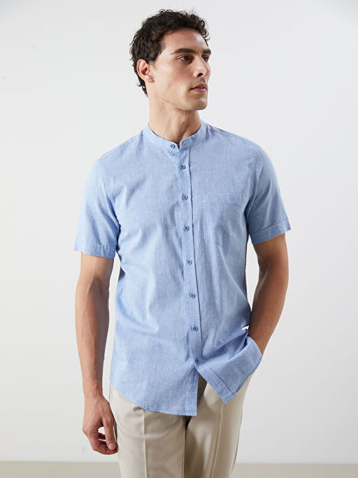 Regular Fit K?sa Kollu Keten Kar???ml? Erkek G?mlek