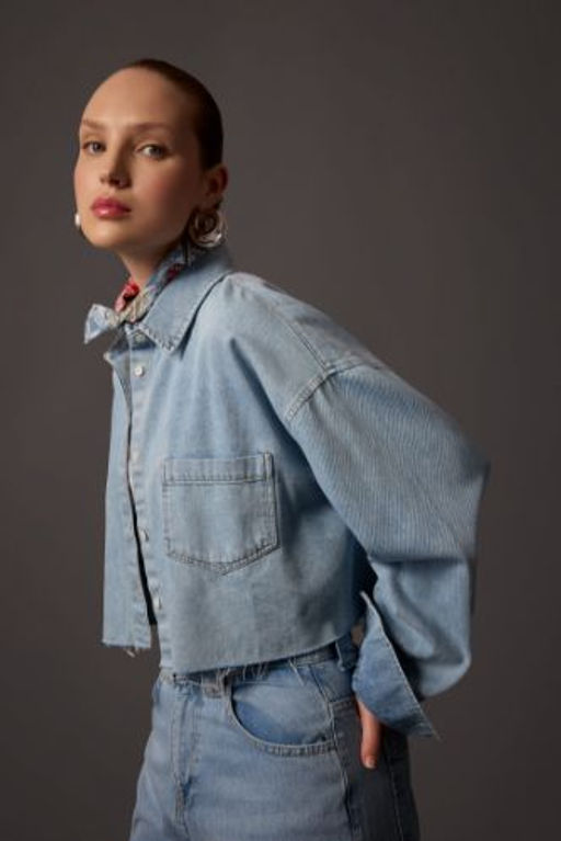 Crop Uzun Kollu Jean Gomlek