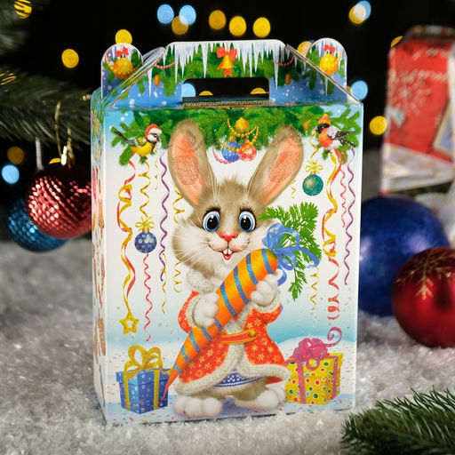 Цена за 5 шт. Подарочная новогодняя коробка "Заяц - Кот" белый, 16×7.5×26 см