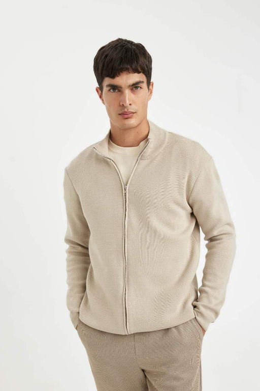 Трикотажный кардиган стандартной посадки с высоким воротником - Defacto фото 3