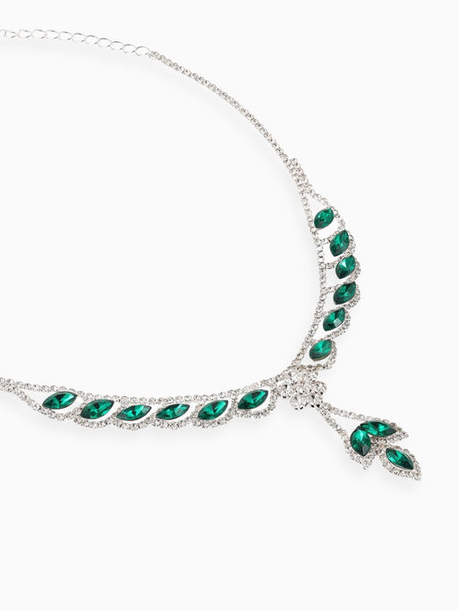 Набор 2 предмета: серьги, колье Листопад ромб, цвет изумрудно-белый в серебре, 45 см