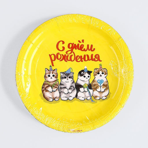 Цена за 10 шт. Тарелка бумажная С днём рождения, котики, 18 см - Страна карнавалия фото 5