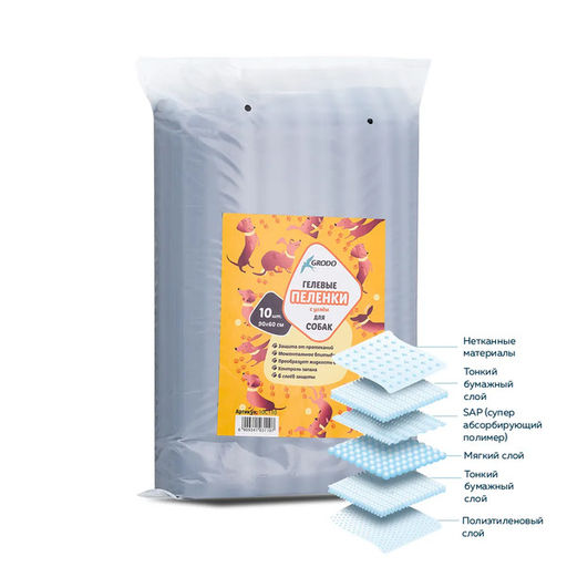 Пеленки гелевые GRODO 90х60 см для собак с углем, 10 шт