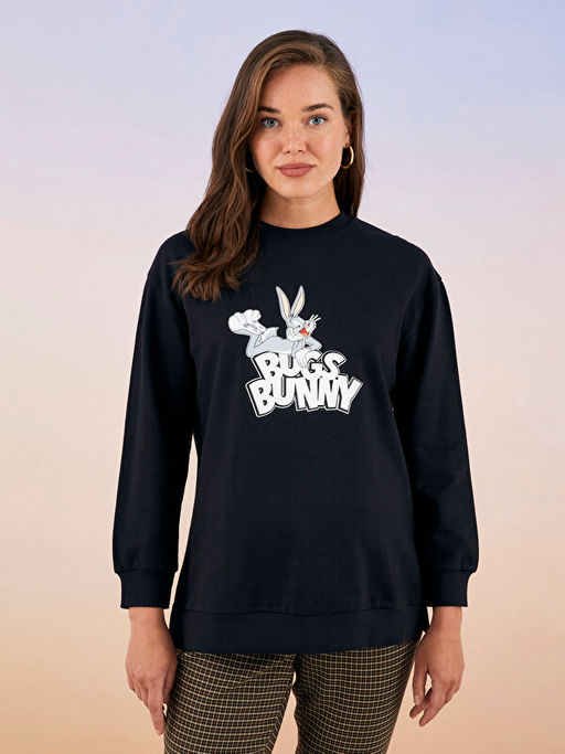 Bisiklet Yaka Bugs Bunny Bask?l? Uzun Kollu Pamuklu Hamile Sweatshirt
