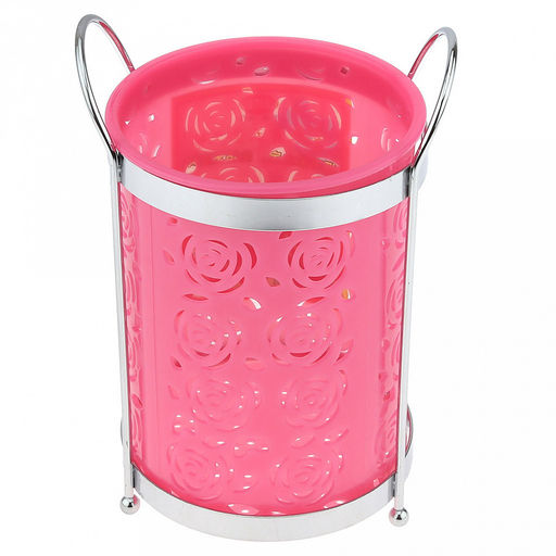 Подставка хромированная для столовых приборов "Розы" 12,7х10,5х17,5см, на ножках, пластмассовая вставка д10,5см h13,5см, цвета в ассортименте: белый, розовый, салатовый (Китай)