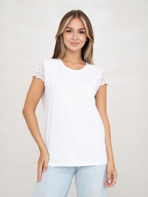 Футболка с кружевом .хлопок 95%, лайкра 5%,белая - Binita фото 2