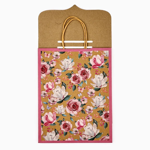 Пакет с клапаном Цветы, крафт, глиттер, 19.5?10?25 см