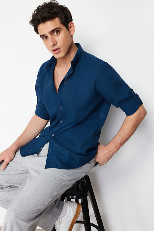 Indigo D__meli Yaka Apoletli Slim Fit Uzun Kollu %100 Pamuklu Keten G_r_n_ml_ G_mlek TMNSS20GO0189 - Trendyolmilla фото 2