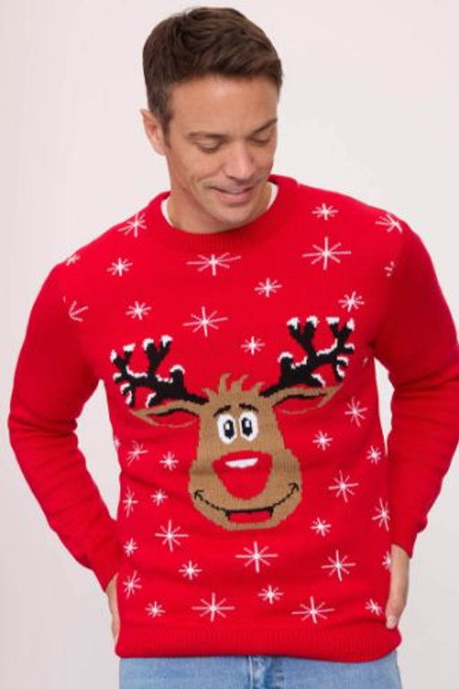 K?rm?z? Standart Fit Y?lbas? Temal? Bisiklet Yaka Triko Kazak