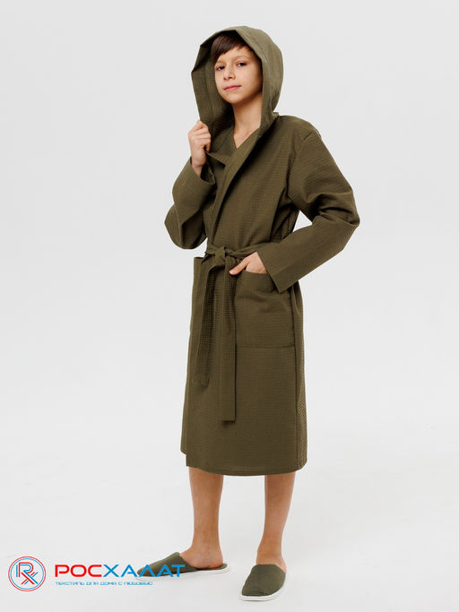 Подростковый вафельный халат с капюшоном хаки В-18 (26)
