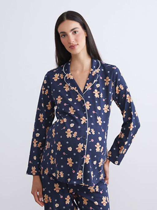 G?mlek Yaka Bask?l? Hamile Pijama Tak?m?